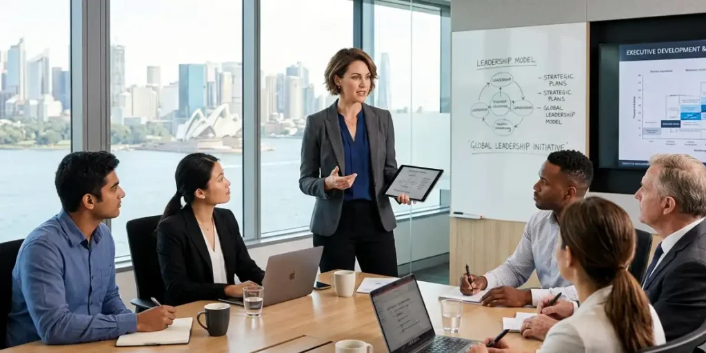 Female leadership trainer presenting a leadership development model to a diverse group of professionals in a modern Sydney corporate training room