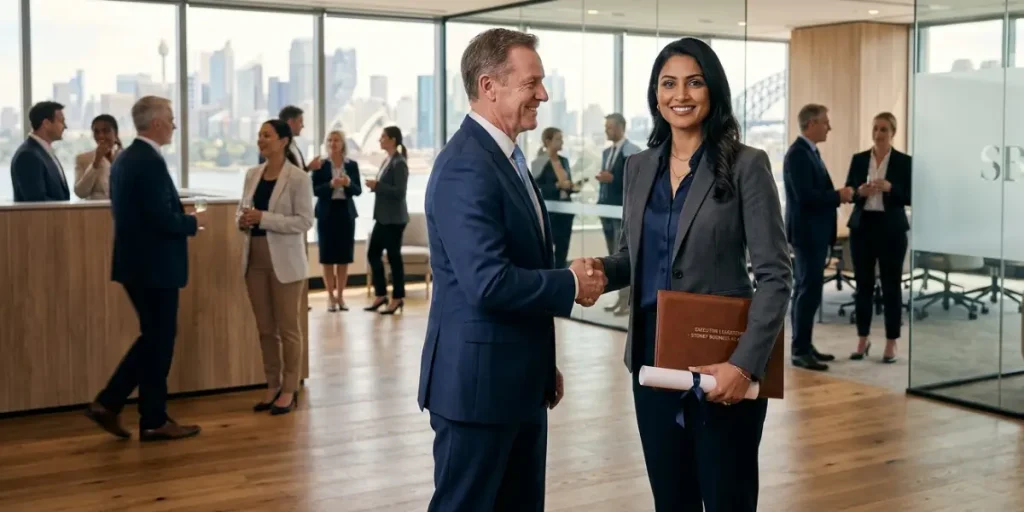Female professional receiving her leadership course qualification at a Sydney corporate training facility
