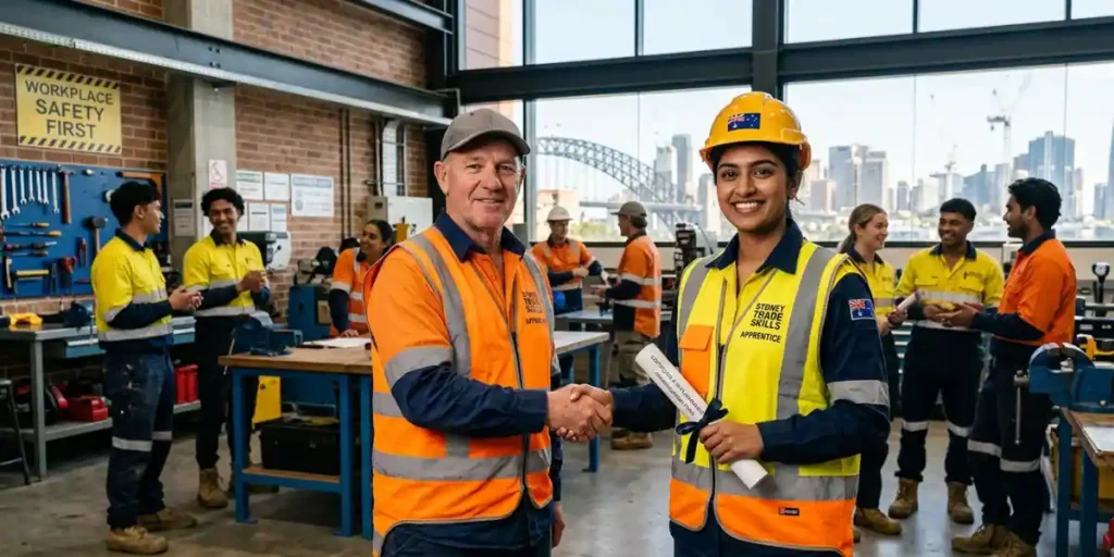 Female trade apprentice receiving her course completion certificate from a trainer at a Sydney vocational training facility