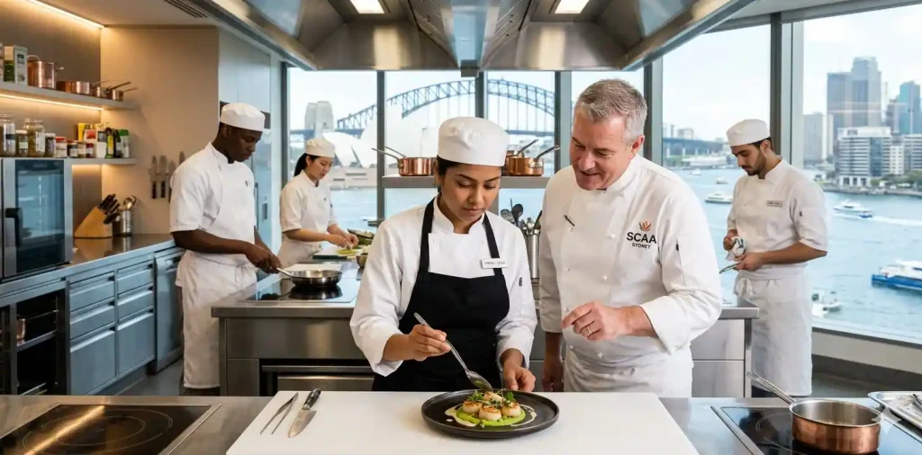 Hospitality students learning fine dining plating techniques in a professional training kitchen overlooking Sydney Harbour.