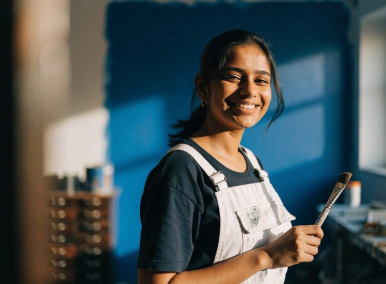 Painting and decorating student holding a brush in front of a freshly painted feature wall