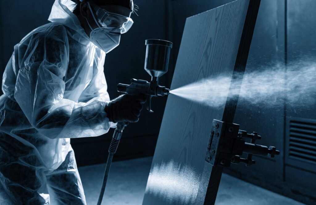 Painting and decorating student in respirator and coveralls using an airless spray gun in a spray booth